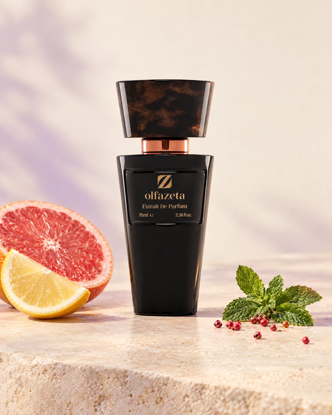 Sfeerfoto van Olfazeta Abyss 038, 70 ml, met citroen, grapefruit en munt.
