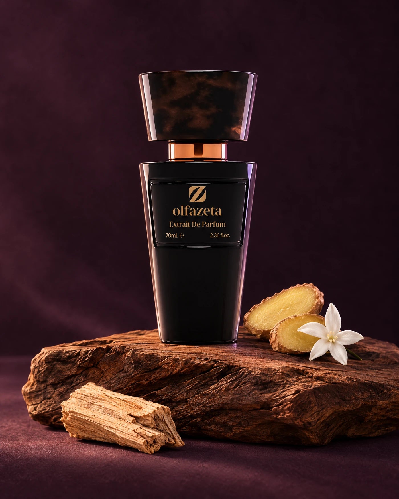 Sfeerfoto van Olfazeta Abyss 038, 70 ml, met hout, gember en jasmijn.